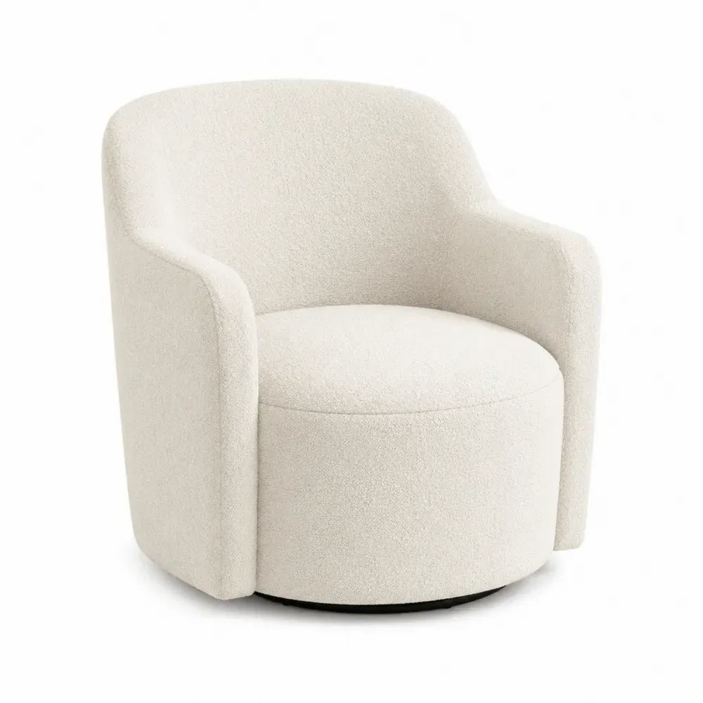 Sillón giratorio tapizado en tela bouclé beige con base de acero negro 75 x 75 x 78 cm