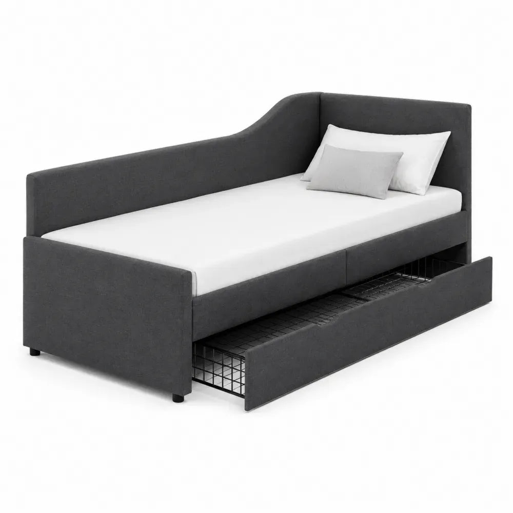 Cama individual tapizada rectangular de poliéster gris oscuro con cajón inferior extraíble y estructura de madera 90 x 200 cm