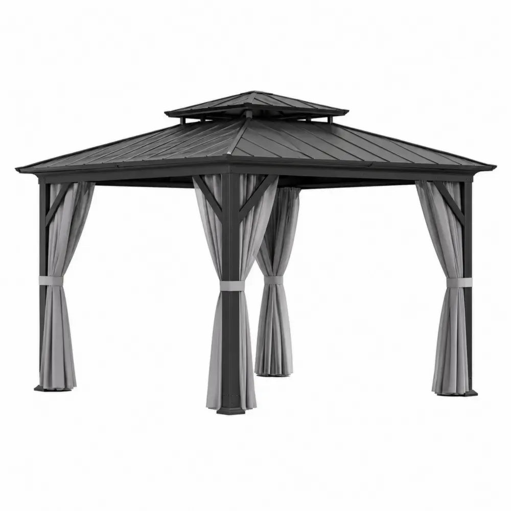 pérgola de jardín de acero con techo metálico rígido y cortinas laterales desmontables forma cuadrada negro 300 cm x 300 cm x 280 cm