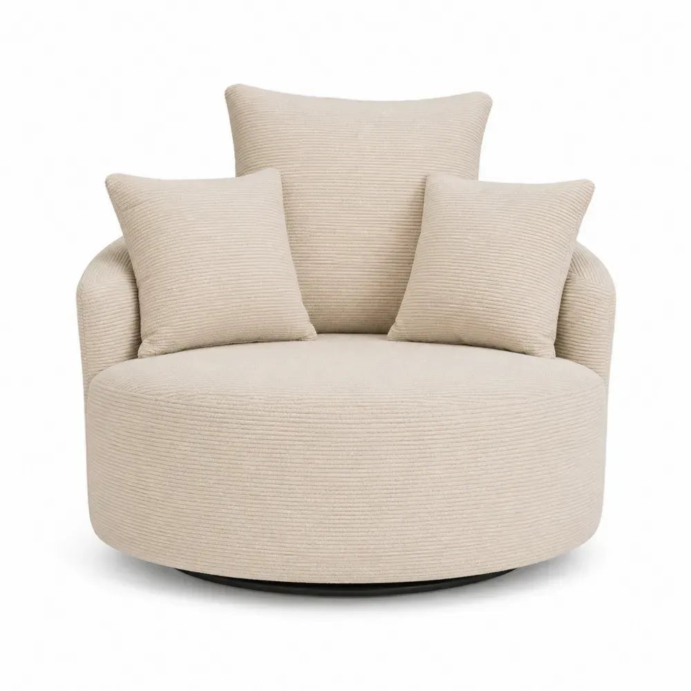 Sillón giratorio individual tapizado en poliéster acanalado beige con asiento redondo y base circular negra 90 x 90 x 85 cm