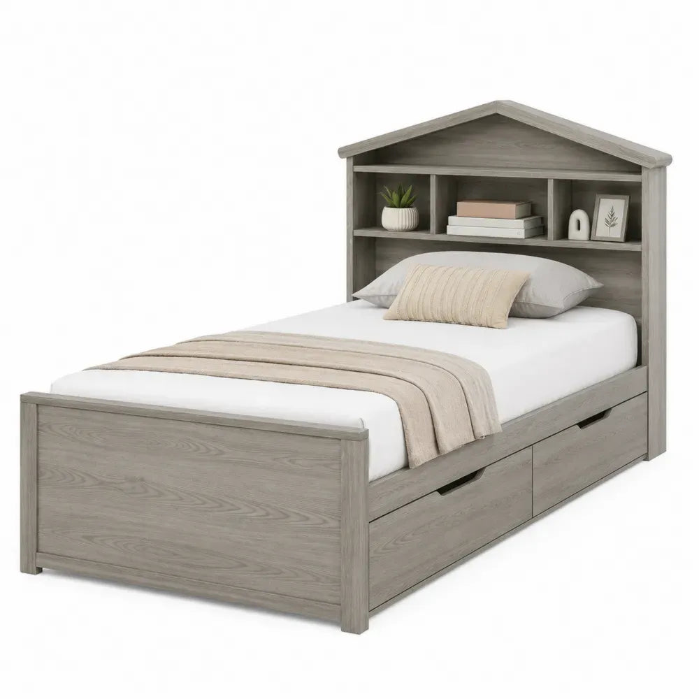 Cama individual rectangular de MDF gris roble con cabecero tipo casa estantes integrados y 2 cajones inferiores 90 x 200 cm