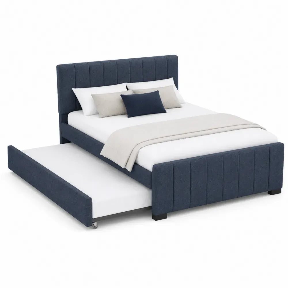 cama con cama nido extraíble estructura tapizada MDF somier de láminas cabecero acolchado tejido poliéster azul oscuro 205 cm x 98 cm x 110 cm 90 x 200 cm