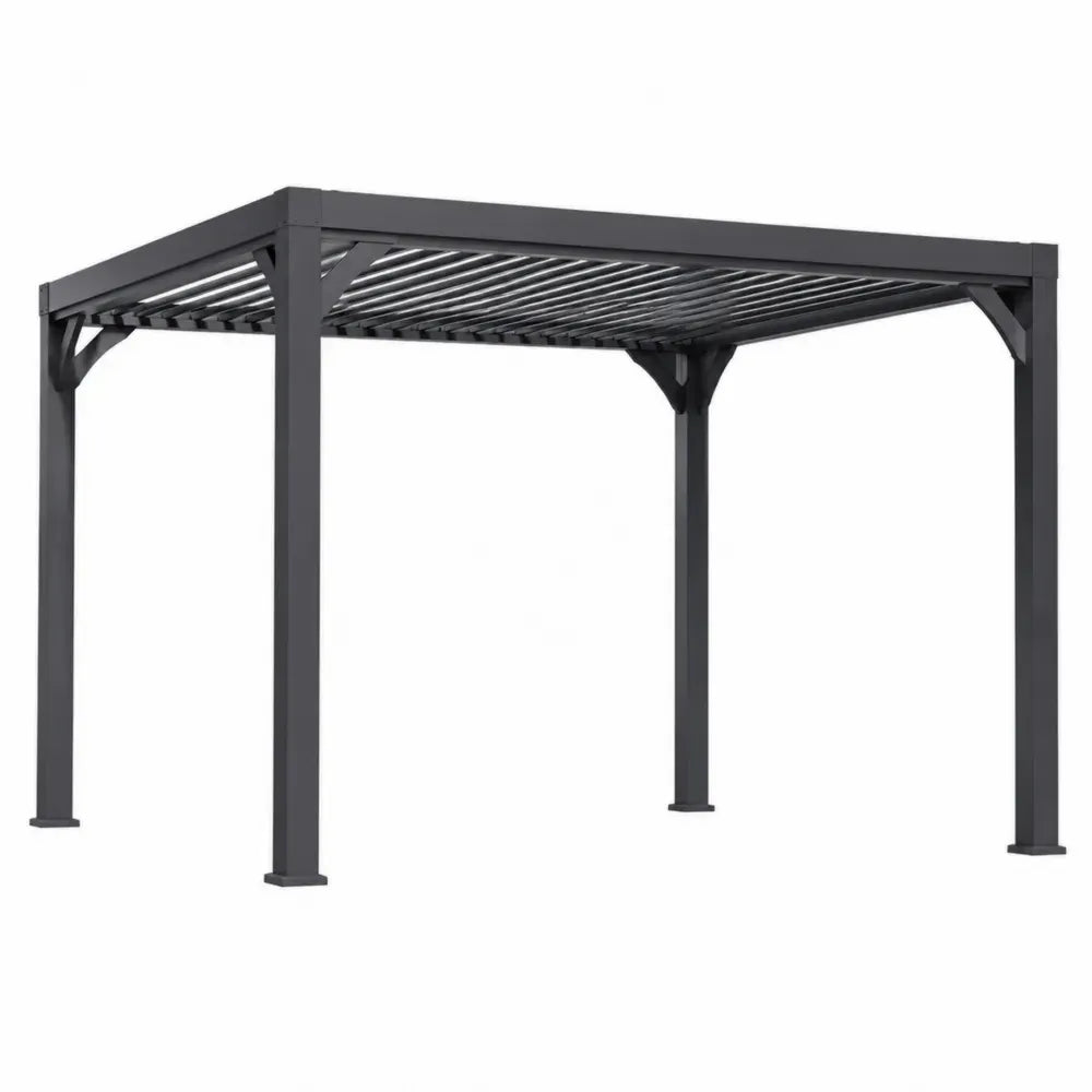 pérgola de exterior de acero negro con techo de lamas estructura rectangular para jardín terraza