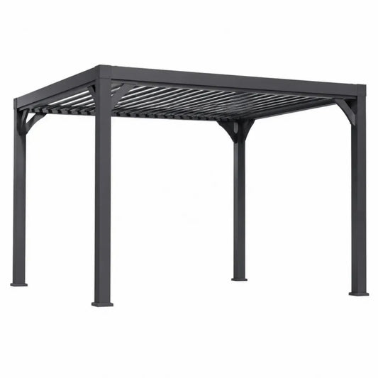 pérgola de exterior de acero negro con techo de lamas estructura rectangular para jardín terraza