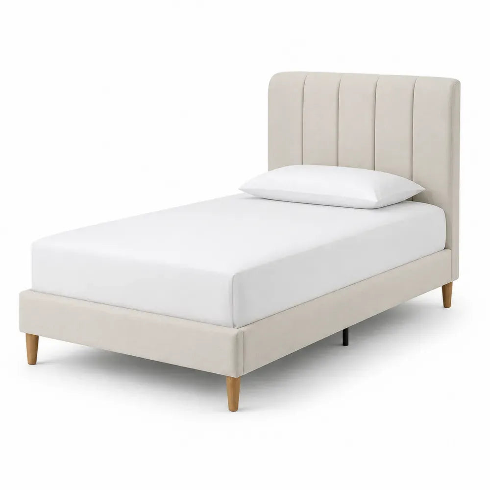 Cama tapizada rectangular con cabecero acolchado vertical de poliéster beige y patas de pino 90 x 200 cm