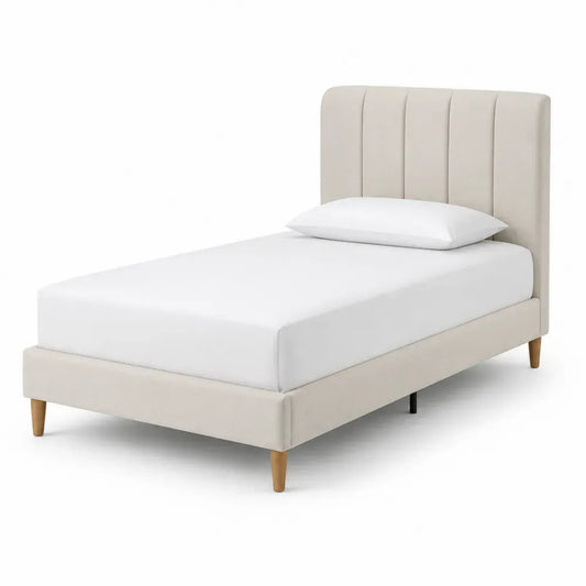 Cama tapizada rectangular con cabecero acolchado vertical de poliéster beige y patas de pino 90 x 200 cm