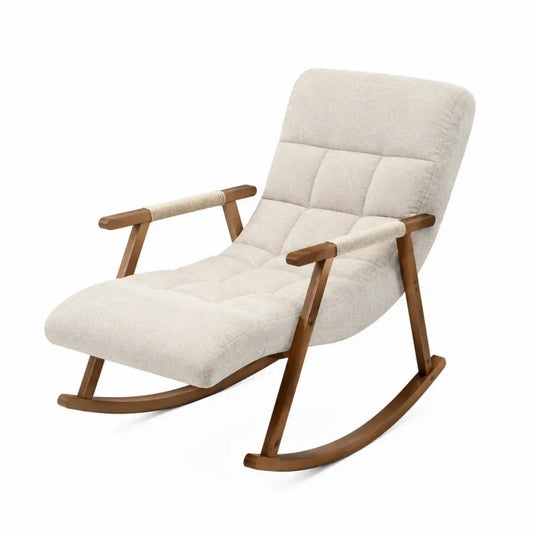 Sillón mecedora tapizado en tela beige con estructura de madera natural y reposabrazos trenzados 70 x 90 x 95 cm