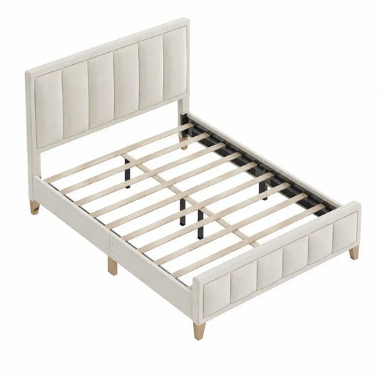 Cama tapizada rectangular de MDF y poliéster beige claro con cabecero acolchado y base de listones 160 x 200 x 110 cm