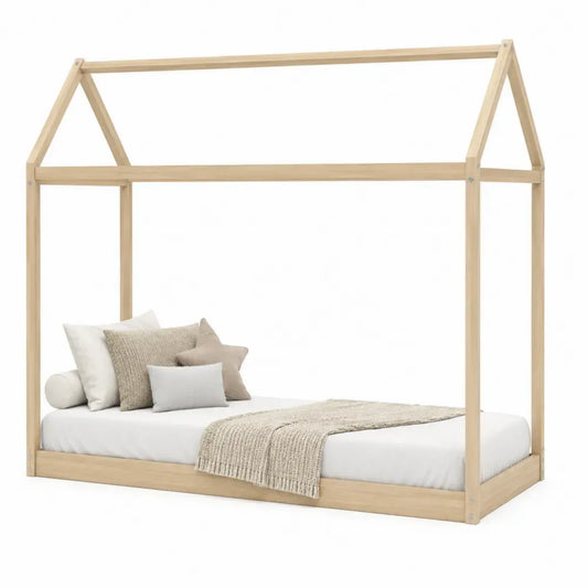 cama infantil tipo casa estructura de madera maciza de pino base de somier color madera natural 160 cm x 200 cm x 180 cm