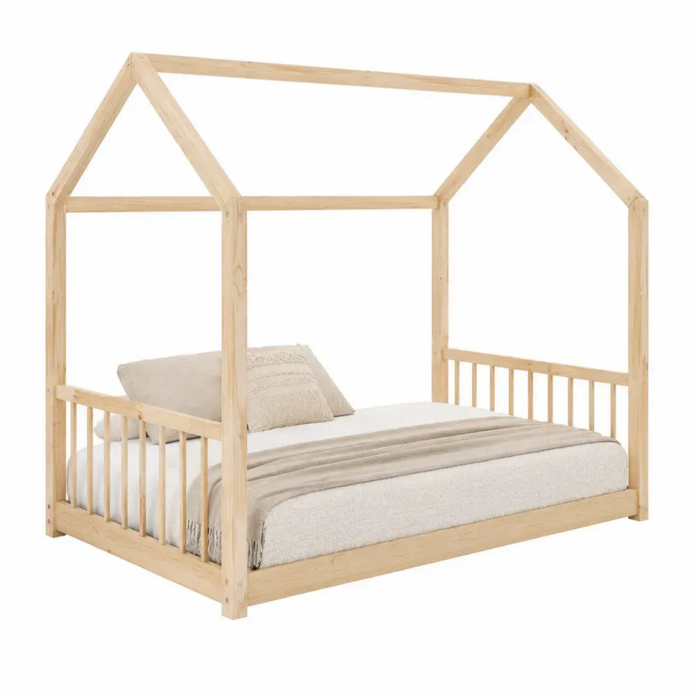 Cama infantil tipo casa rectangular de pino natural con barandillas y listones 140 x 200 x 180 cm