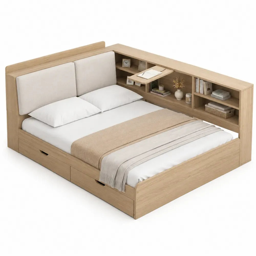 Cama con almacenaje 160 cm x 200 cm estructura MDF madera contrachapada roble claro cabecero con estantes cajones integrados