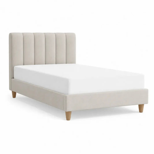 Cama tapizada rectangular de madera contrachapada y poliéster beige con cabecero acolchado 160 x 200 cm