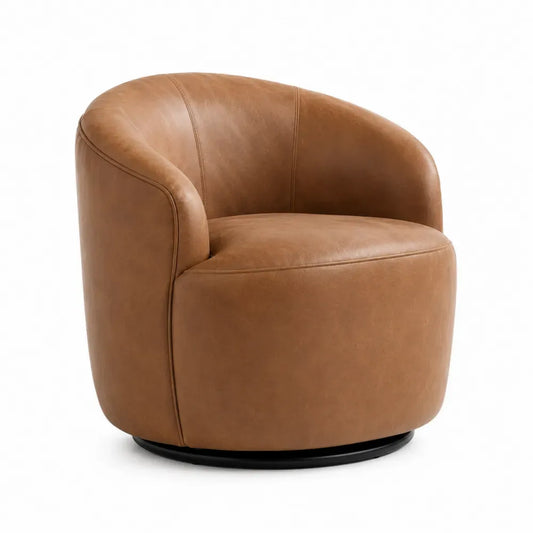 sillón giratorio tapizado en piel sintética marrón base metálica negra asiento redondo 76 cm 74 cm 78 cm