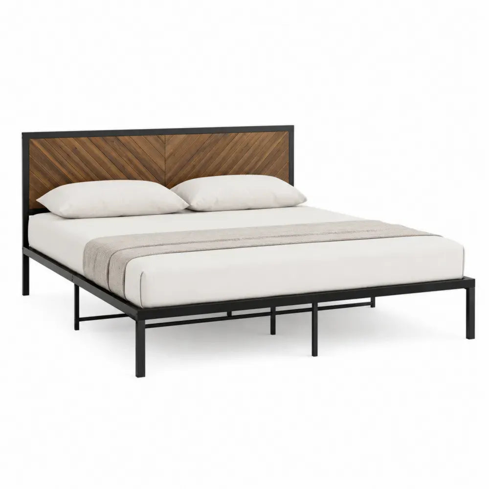 Cama de metal 140 cm x 200 cm estructura de acero negro cabecero de madera natural diseño en espiga base de listones