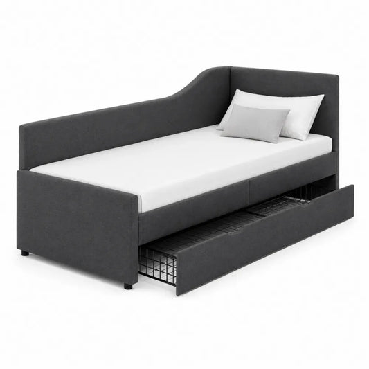 Cama individual tapizada rectangular de poliéster gris oscuro con cajón inferior extraíble y estructura de madera 90 x 200 cm