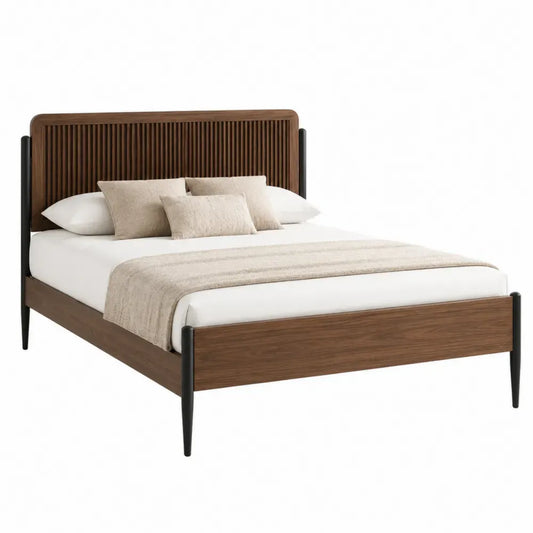 Cama de dormitorio estructura metálica cabecero de madera ranurada estilo moderno negro madera nogal 200 cm x 160 cm x 100 cm