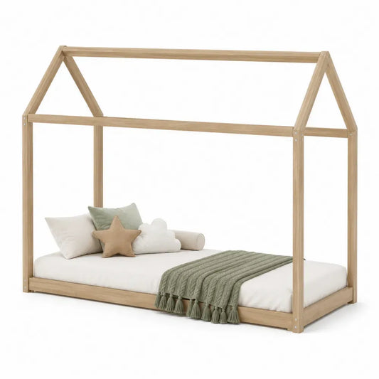 Cama tipo casa de madera maciza de pino con estructura de marco superior diseño nórdico 200 cm x 140 cm x 180 cm