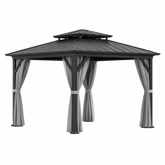 pérgola de jardín de acero con techo metálico rígido y cortinas laterales desmontables forma cuadrada negro 300 cm x 300 cm x 280 cm