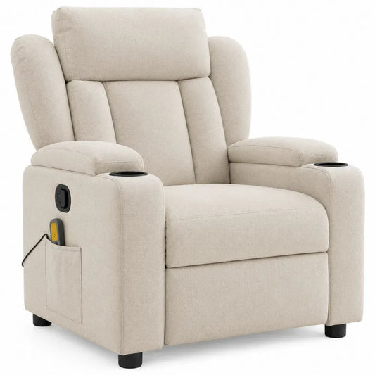 sillón reclinable eléctrico elevador tapizado en tejido beige con portavasos reposabrazos y bolsillo lateral 85 cm 95 cm 105 cm