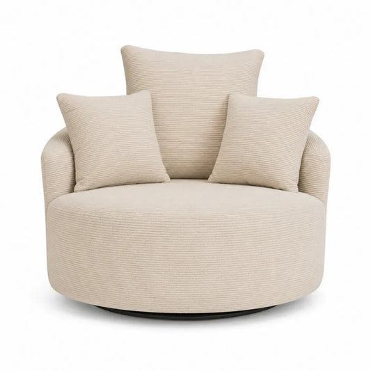 Sillón giratorio individual tapizado en poliéster acanalado beige con asiento redondo y base circular negra 90 x 90 x 85 cm