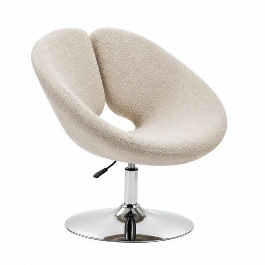 Sillón giratorio tapizado en poliéster bouclé beige con asiento redondo y base metálica cromada 75 x 72 x 78 cm
