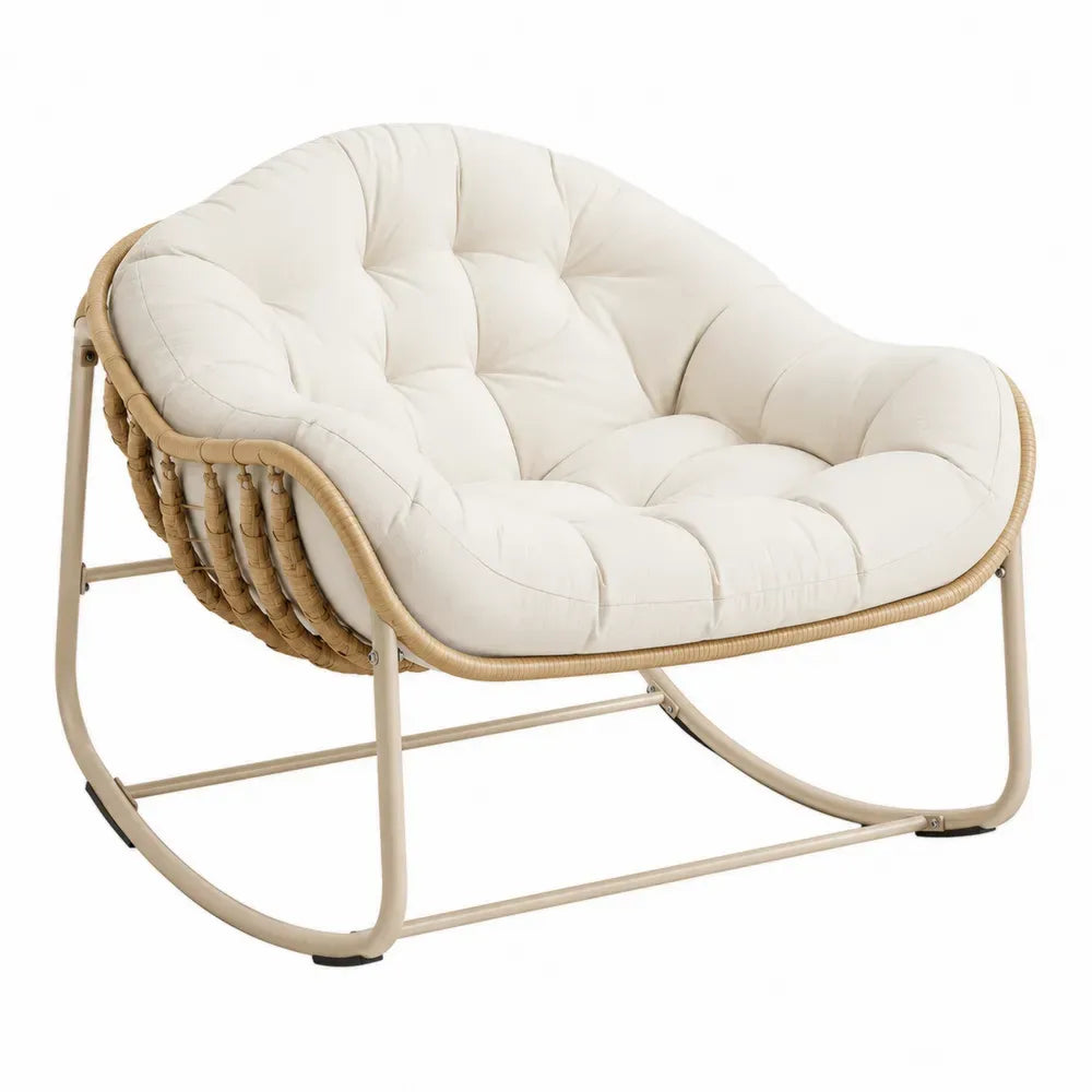 sillón balancín tipo nido de ratán sintético beige 85 cm x 85 cm x 80 cm estructura de acero y cojines de poliéster con espuma de poliuretano