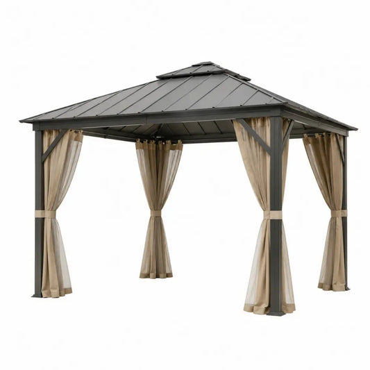 Pérgola de jardín cuadrada con techo rígido de acero estructura de acero gris oscuro y cortinas beige 300 x 300 x 280 cm