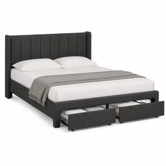 Cama tapizada rectangular de poliéster gris oscuro con cabecero acolchado y 2 cajones inferiores 160 x 200 cm