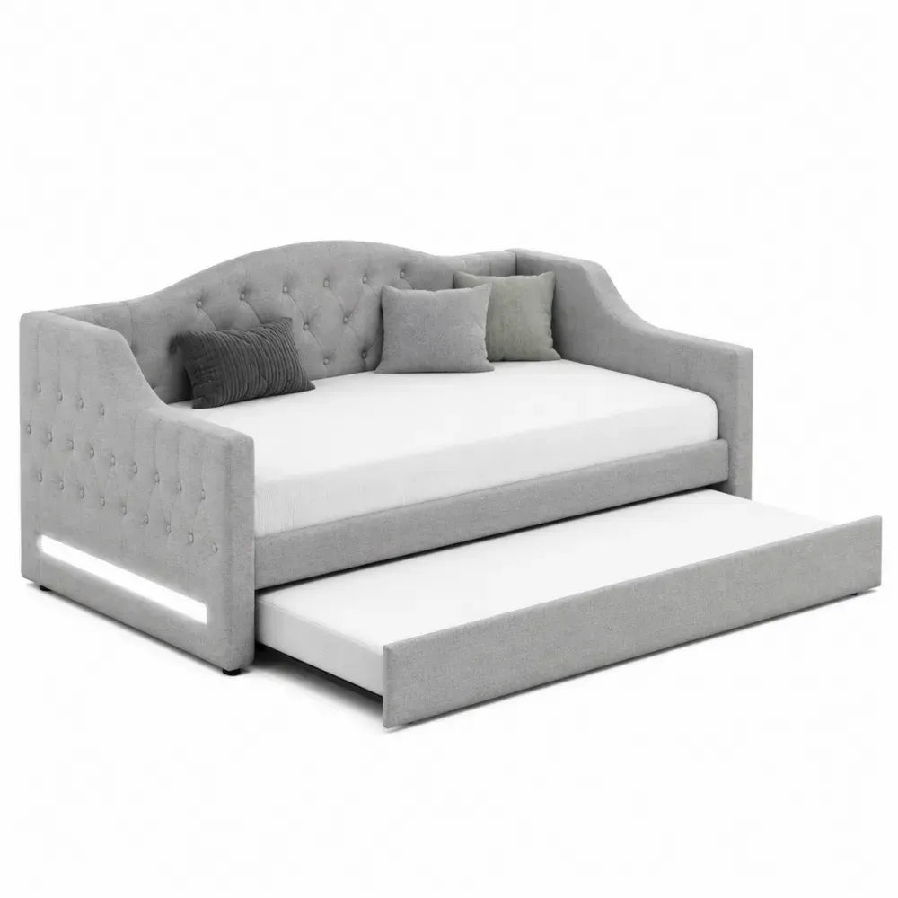 cama nido sofá cama extensible de MDF tapizado en poliéster gris claro dimensiones 205 cm x 95 cm x 85 cm con cama inferior deslizante 200 cm x 90 cm