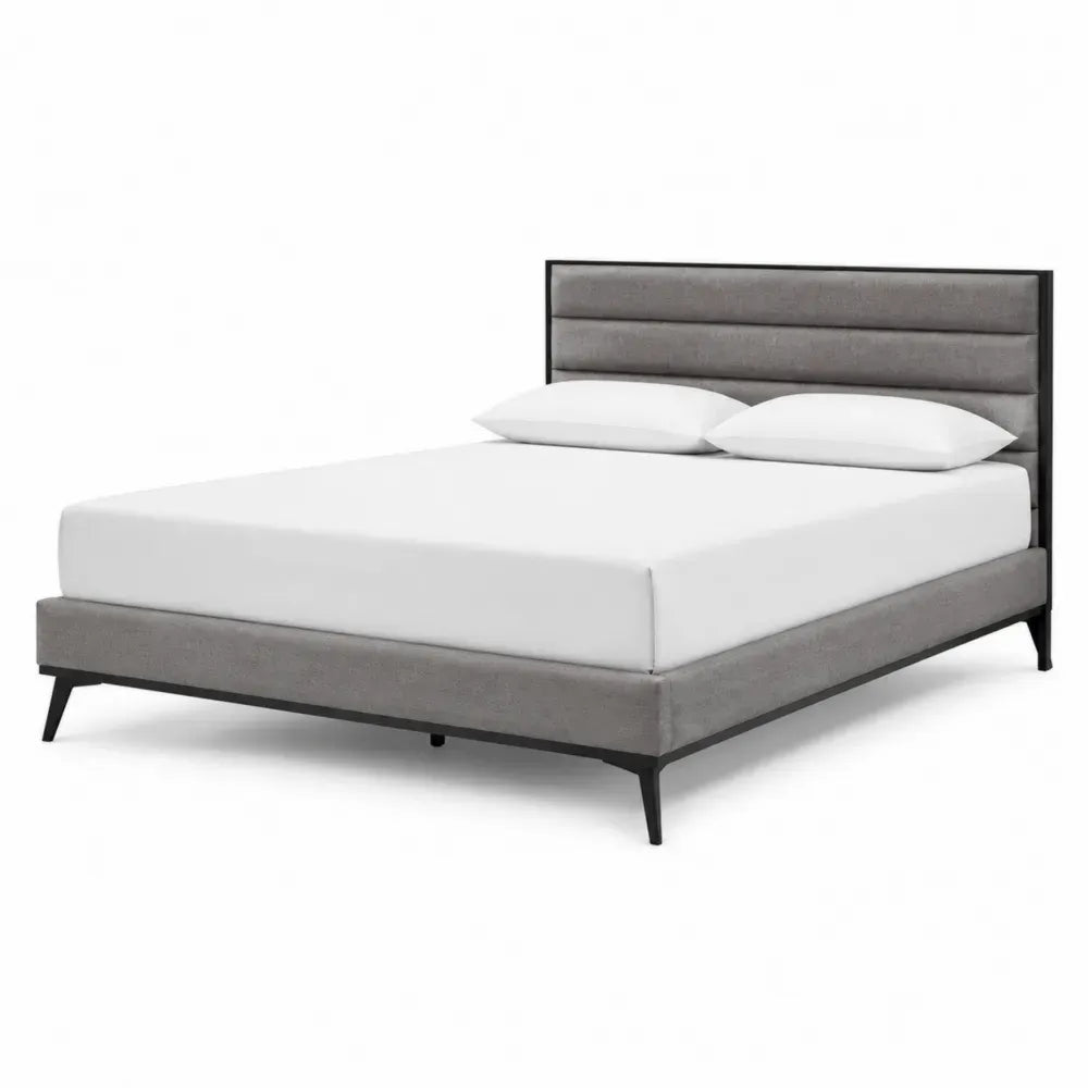 Cama tapizada rectangular de poliéster gris y negro con cabecero acolchado horizontal y estructura metálica 160 x 200 cm