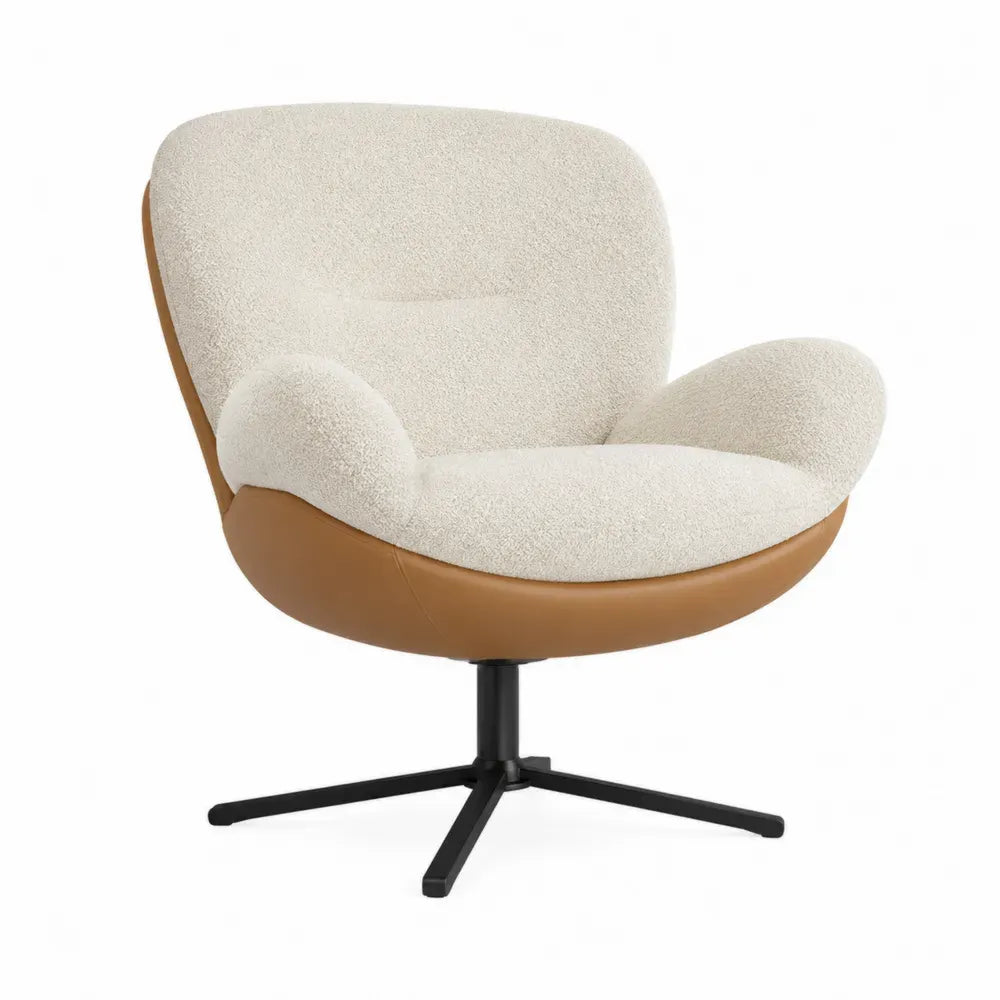 sillón giratorio tapizado en bouclé beige con base metálica negra y acabado en cuero sintético marrón 78 cm 75 cm 80 cm
