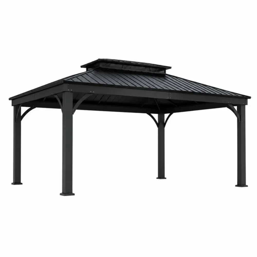 Pérgola de jardín gazebo metálico acero negro techo de metal doble nivel 300 cm 300 cm 280 cm