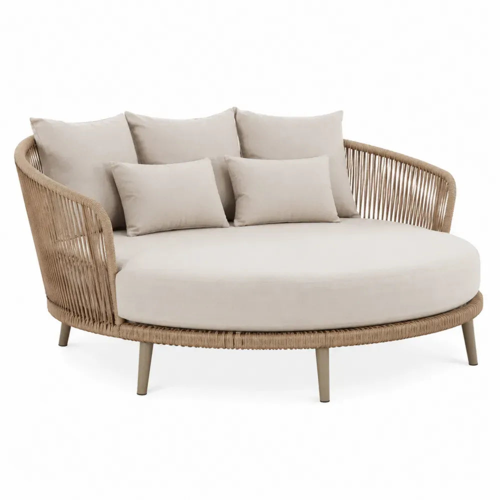 Cama de día de exterior semicircular de ratán PE beige con cojines de poliéster y estructura de aluminio 180 x 160 x 75 cm