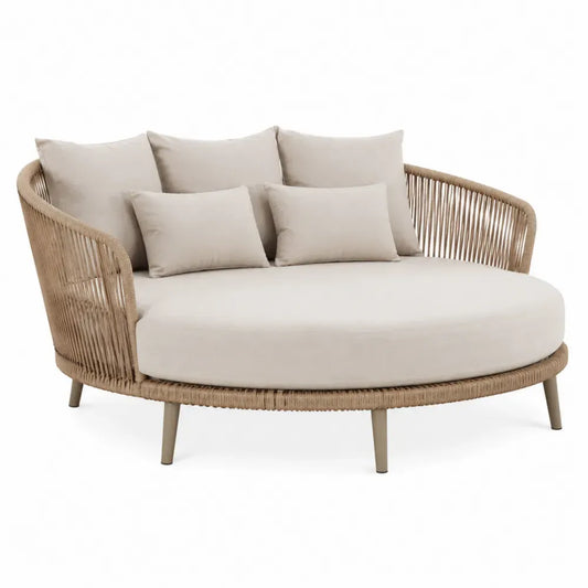 Cama de día de exterior semicircular de ratán PE beige con cojines de poliéster y estructura de aluminio 180 x 160 x 75 cm