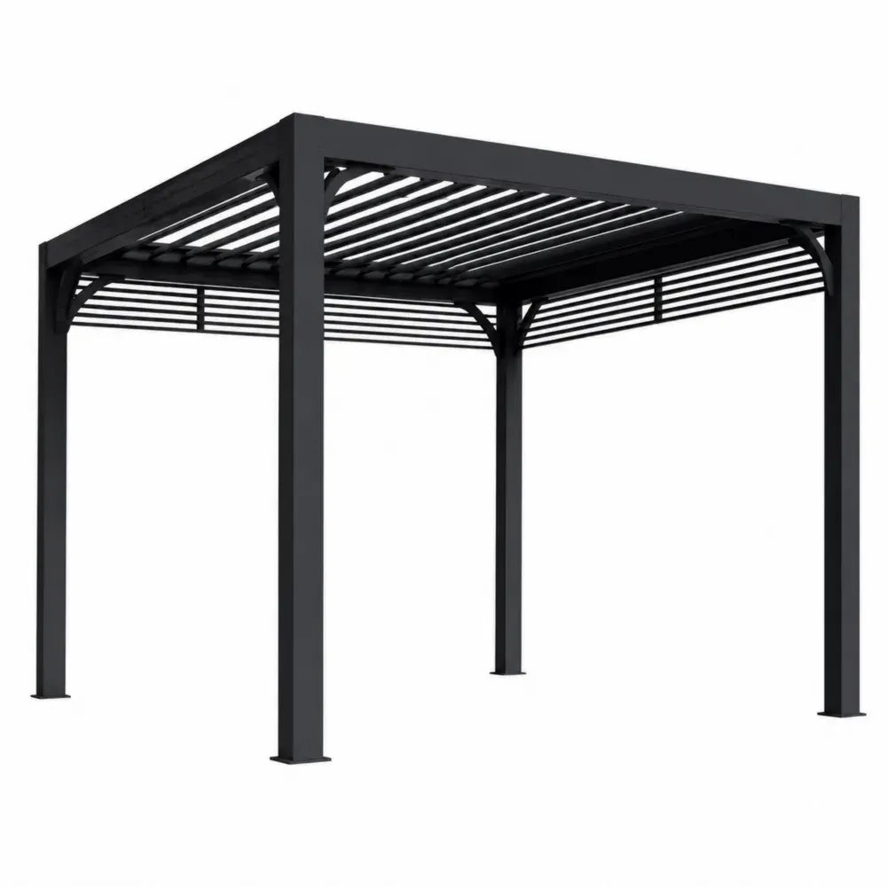 Pérgola de exterior rectangular de acero negro con techo de lamas 300 x 300 x 250 cm