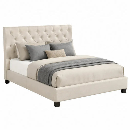 cama tapizada con cabecero acolchado diseño capitoné estructura de madera patas de soporte tejido poliéster beige gris 200 cm x 160 cm x 100 cm