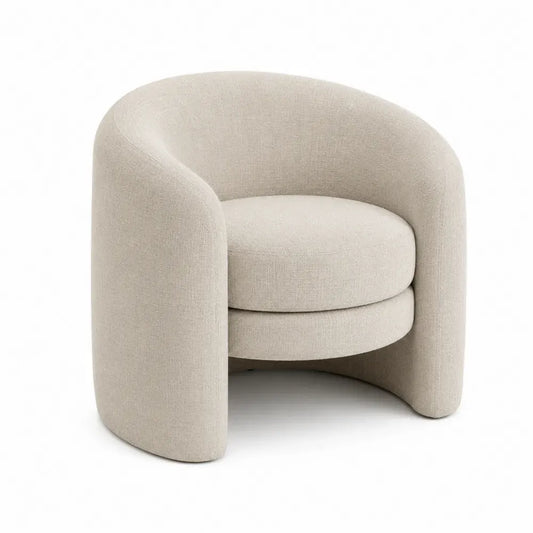 Sillón giratorio tapizado en poliéster beige claro con respaldo curvo tipo barril y base oculta 75 x 75 x 78 cm