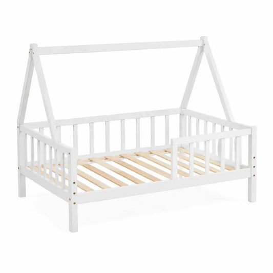 Cama infantil tipo casita rectangular de madera de pino blanca con barandillas y somier de láminas 90 x 200 cm